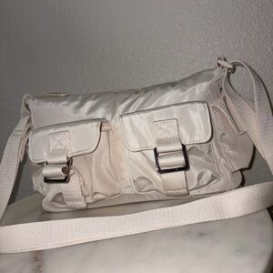 PINK Victoria's Secret Satin Cream Crossbody with Front Buckle Pockets
